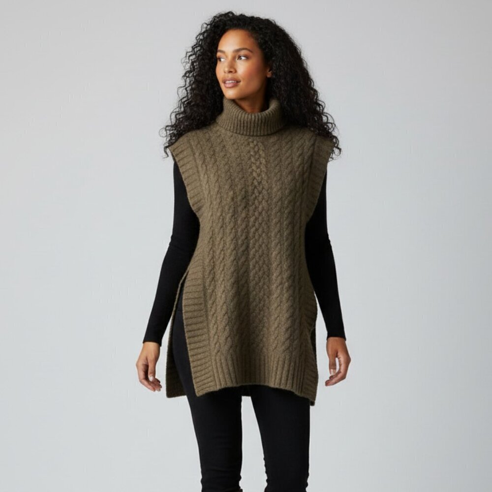 Mark Eisen Karoo Cashmere and Wool Olive/Brown Turtleneck Sweater Poncho Shrug